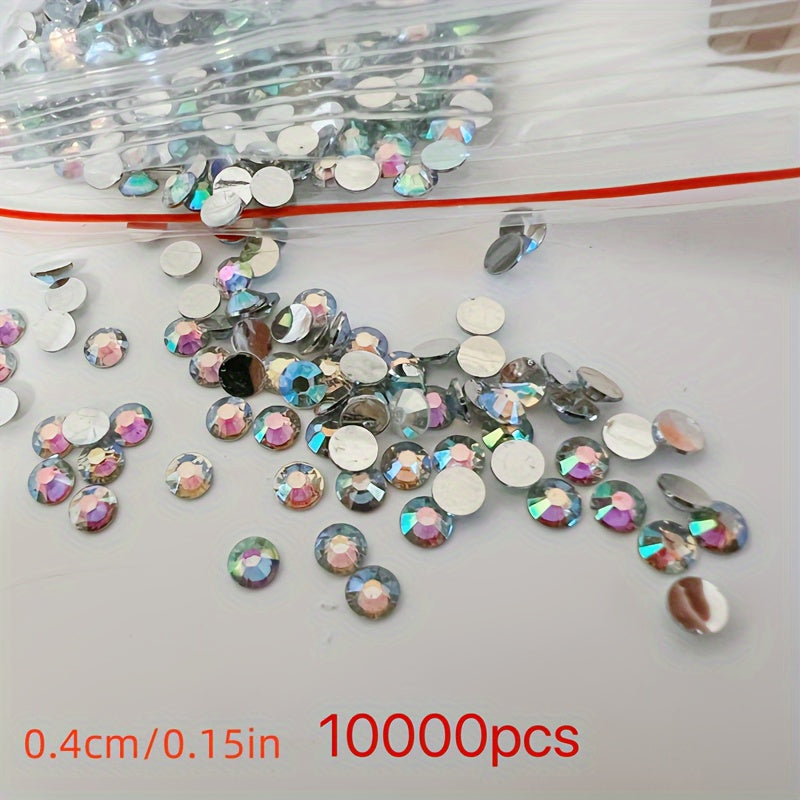 10,000 pieces of Crystal AB Flatback Rhinestones available for Nail Art, DIY Crafts, and Jewelry Making. These Non-Hotfix Resin Gems are perfect for adding a touch of sparkle to your projects.