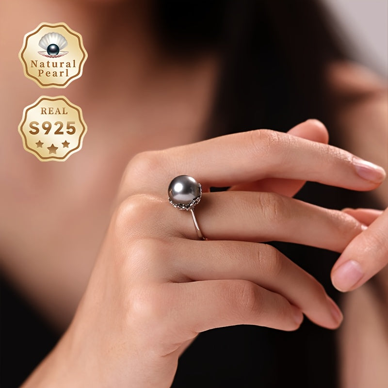 Elegant Black Round Natural Pearl Ring with 11-12mm Deep Sea Large Freshwater Pearl on Adjustable Open S925 Silver Band - Comes in a Perfect Gift Box, Shape and Color May Vary, Daimi Brand