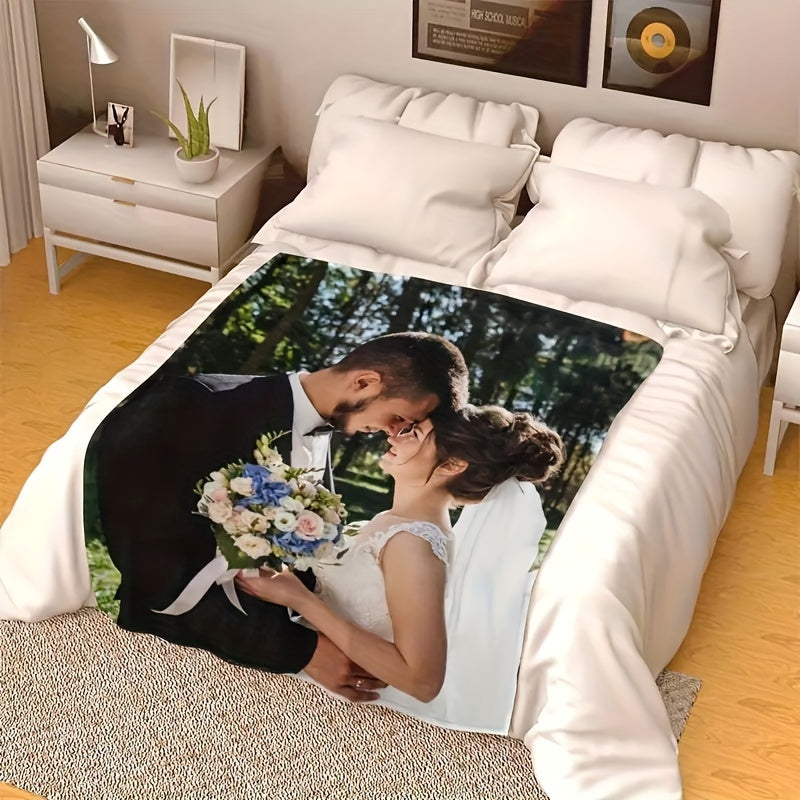 Get cozy with a custom photo print flannel fleece blanket in a contemporary style. This all-season blanket is made from 200-250g polyester and features a digital print. Use it as a cozy bed throw or a perfect gift for home and kitchen decor.