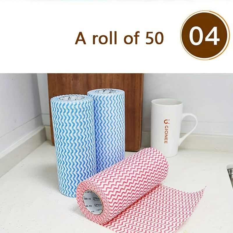 50 thick disposable cleaning towels per roll for convenient and effective kitchen and bathroom cleaning of tableware and surfaces.