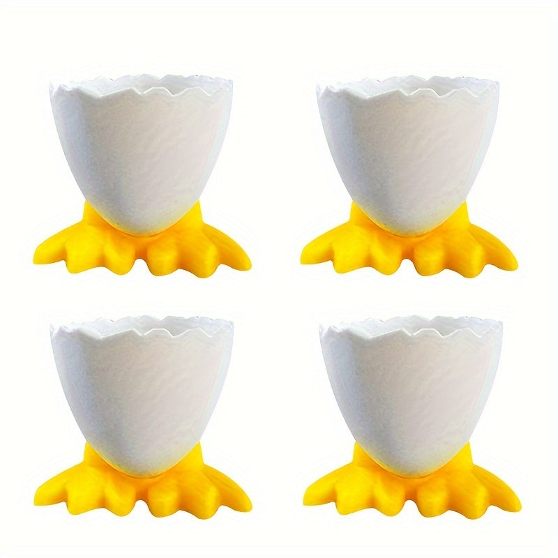 4 plastic egg cup holders with cartoon base design, perfect for boiled eggs. Durable, kid-friendly, and ideal for breakfast and parties.