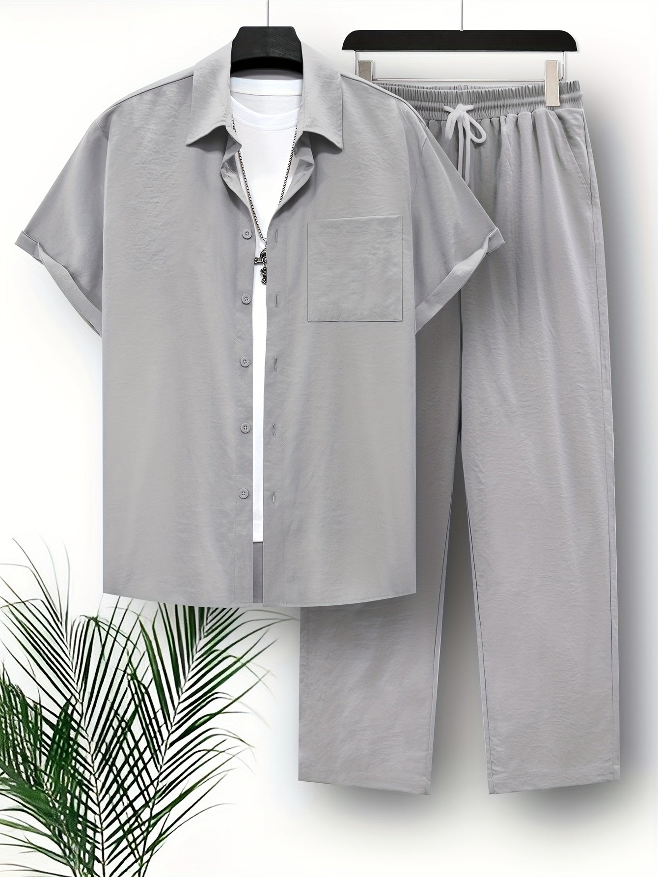 Men's 2-piece Spring Summer Leisure Outfit: Short Sleeve Lapel Shirt with Chest Pocket and Solid Drawstring Pants.