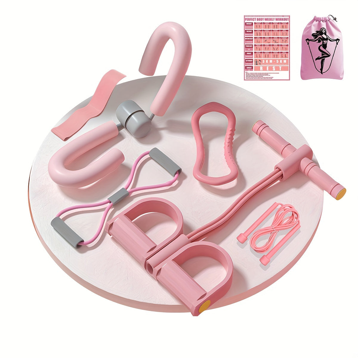 8pcs Yoga Fitness Set made of EVA material. Includes foot stretchers, leg beauty clips, jump rope, yoga rings, 8-shaped stretchers, resistance bands, action guide, and drawstring storage