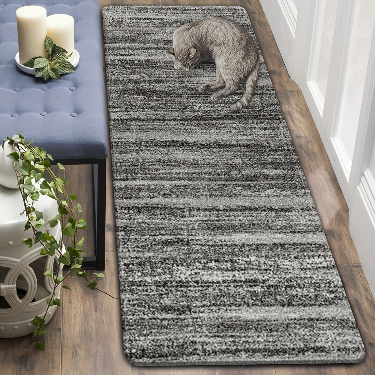 One piece of Contemporary Transitional Gray Runner Rug, featuring a non-skid washable design for use in laundry rooms, kitchens, hallways, or as an accent piece. The distressed floor carpet comes in various sizes: 40*60cm, 50*80cm, 50*120cm, 50*160cm