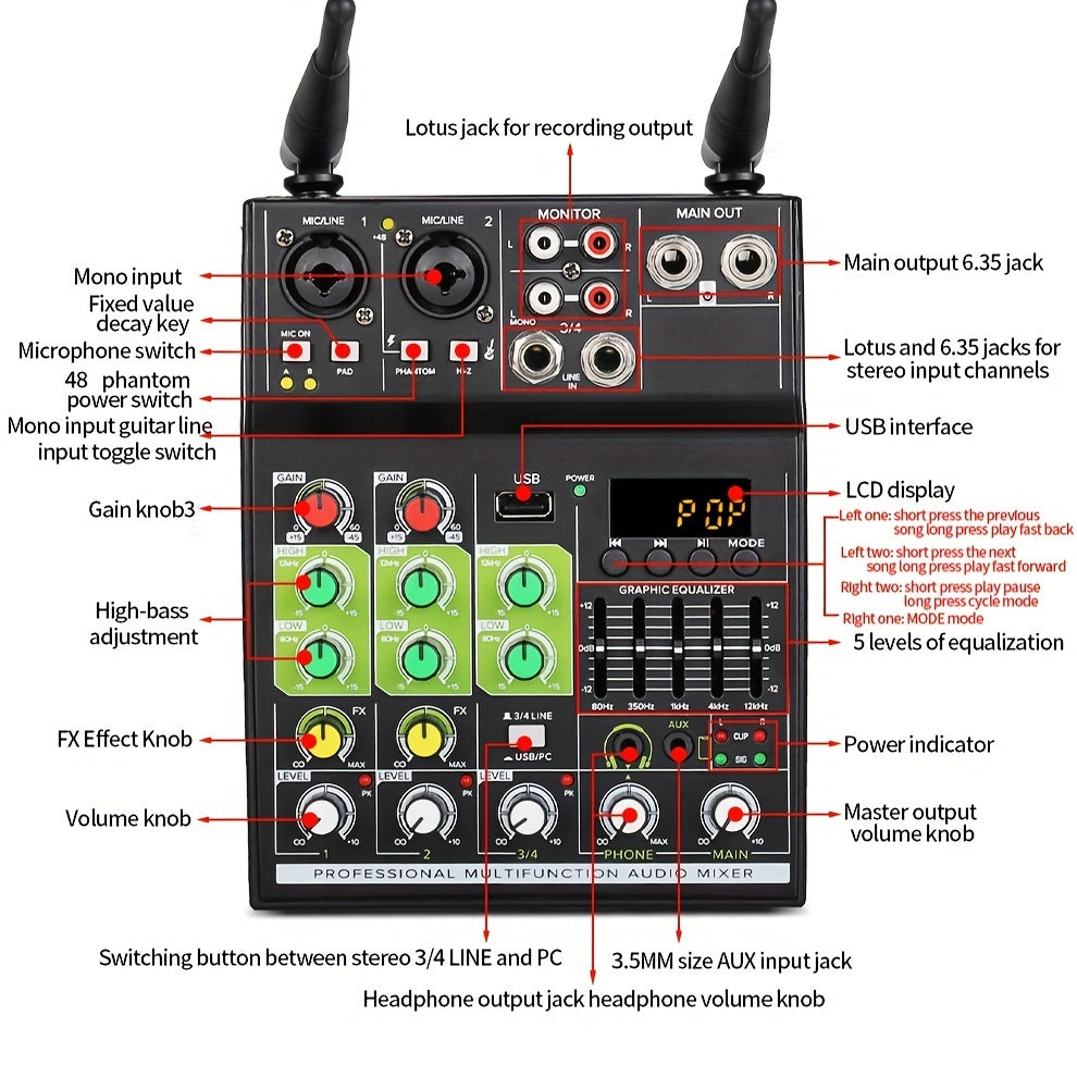 Professional Audio Mixer with GT4 4-Channel Mixer and built-in receiver for karaoke and recording studio. Eid Al-Adha Mubarak!