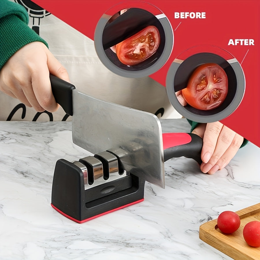 One piece 3-in-1 portable knife sharpener for manual, medium grit metal sharpening. This non-electric professional chef knife honing system is perfect for kitchen cookware accessories.