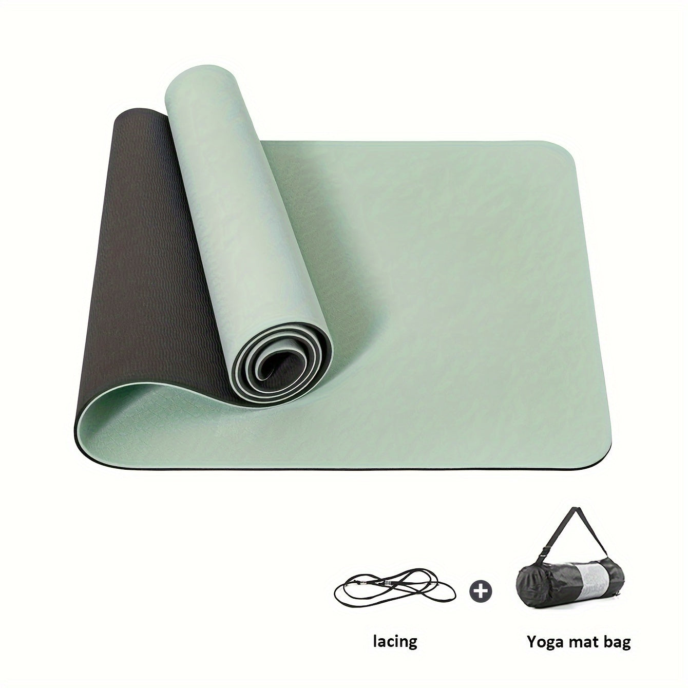 Non-slip yoga mat with textured surface and strap for yoga, pilates, and fitness workouts.