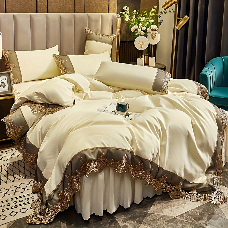 Lace bedding set in various colors with quilt cover and matching pillowcase. Available in two or three piece set.