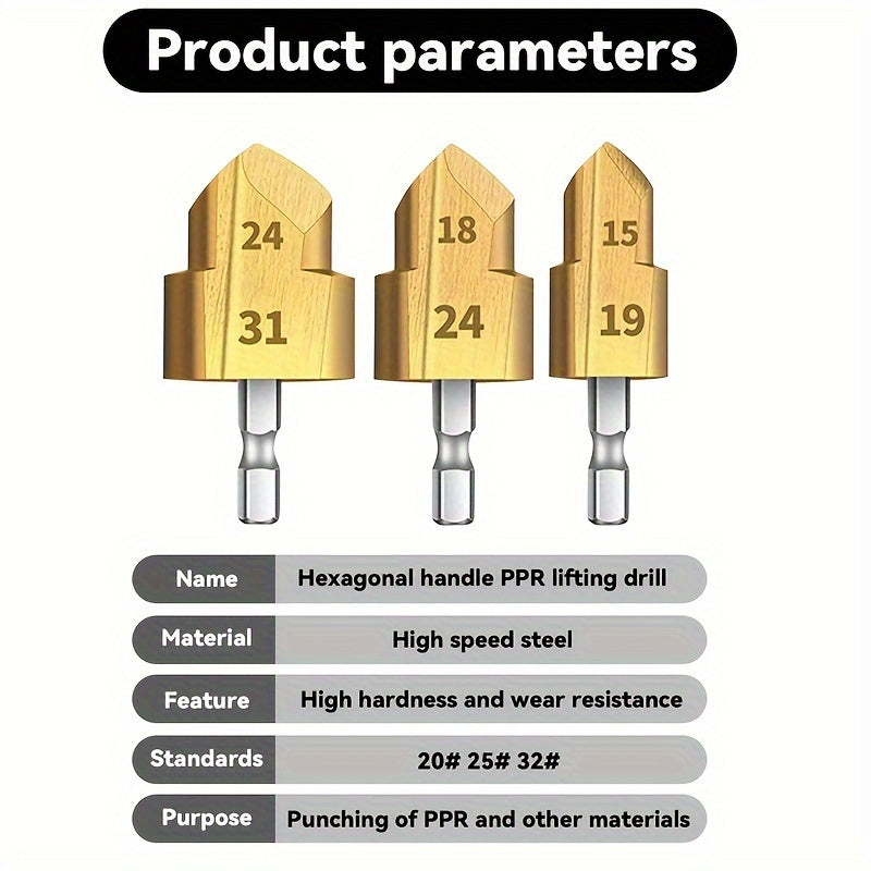 Набор сверл для расширения труб PPR, шестигранный хвостовик, быстрорежущая сталь - размеры 20/25/32 мм, эффективен для ремонта и установки водопроводных труб.