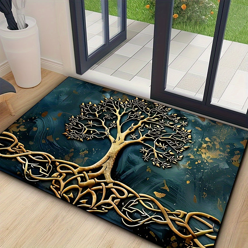 Life Tree Pattern Welcome Mat made of crystal velvet fabric with silicone backing, 1000g/m², non-slip washable rectangular entry rug for home, garden, patio, laundry, bathroom decor. Hand