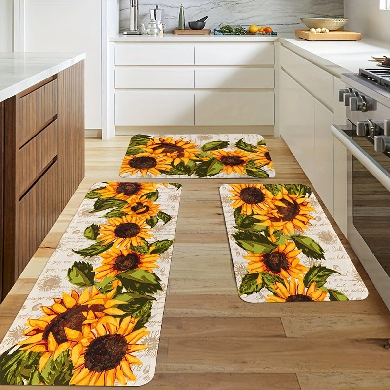 One piece Sunflower Print Kitchen Floor Rug designed to resist dirt and water, machine washable for easy cleaning. Can be used as an Entrance Doormat, Kitchen and Living Room Carpet, or Laundry and Bathroom Water-absorbing Floor Carpet.