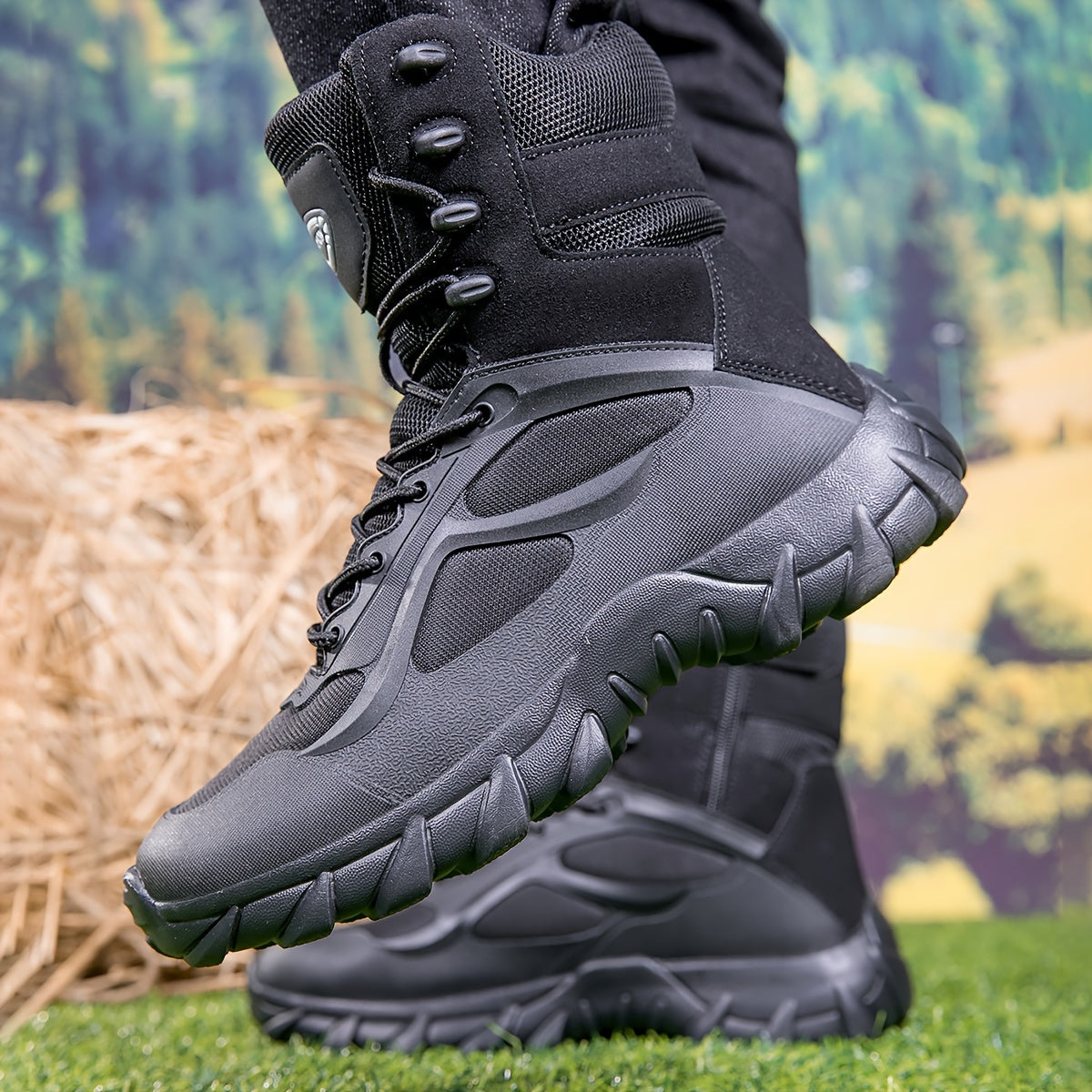 High-top hiking boots for men with durable PU and fabric upper, cushioned EVA insole, and rugged MD sole - perfect for hiking and outdoor activities.