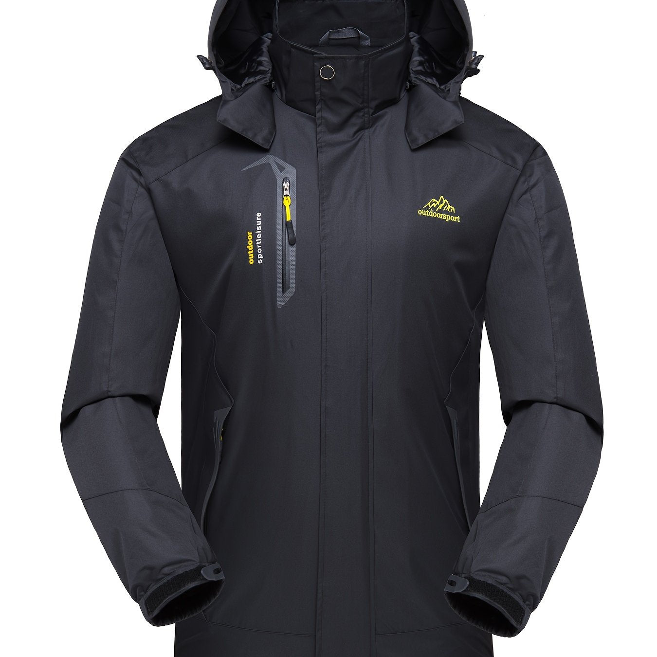 Windproof hooded softshell jacket for men, ideal for hiking and camping with multiple pockets.