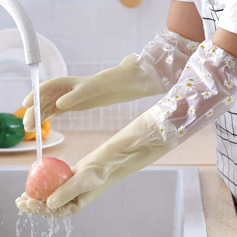 One pair of long-sleeve rubber gloves for dishwashing, reusable for kitchen, oven, and pet cleaning.