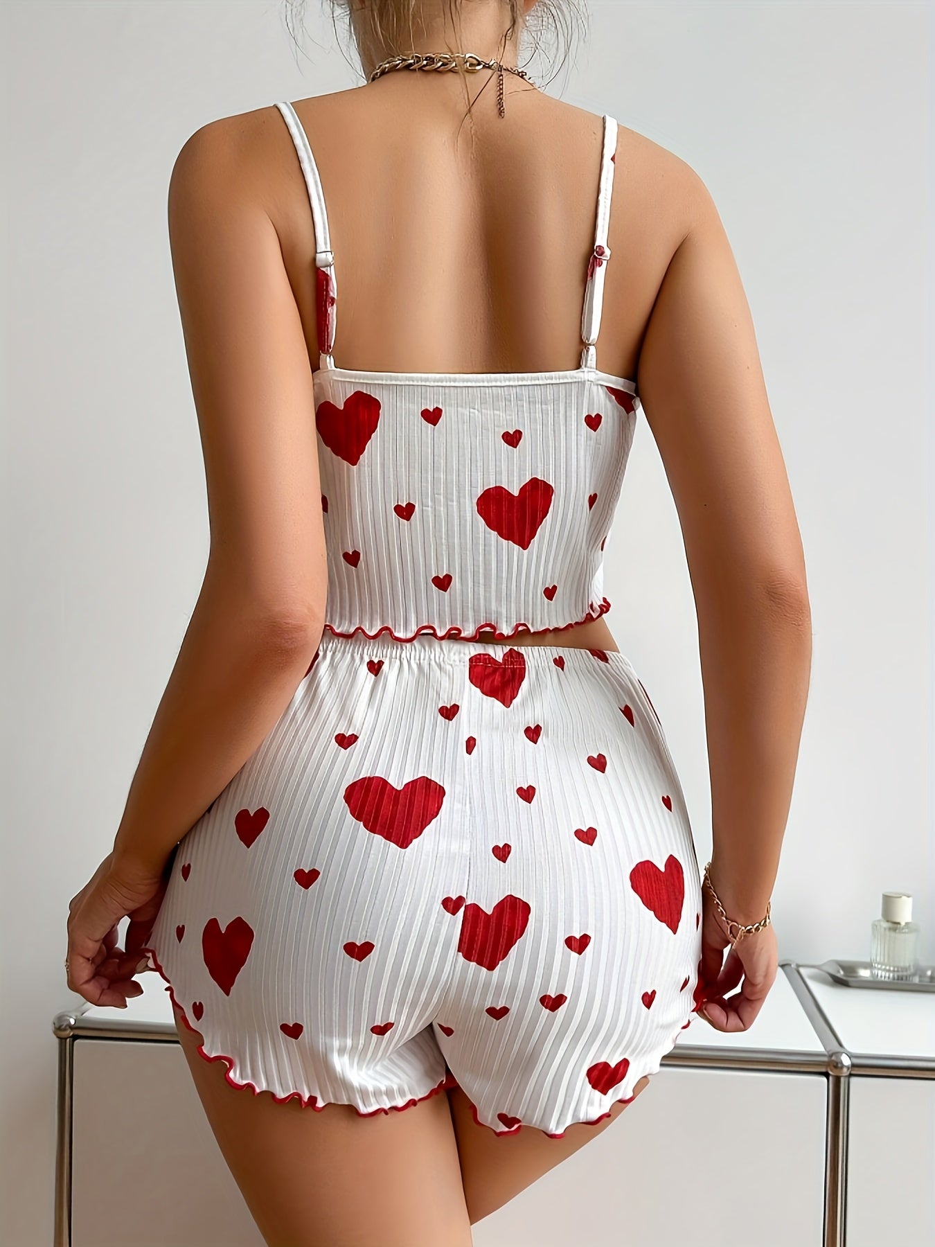 Heart print ribbed pajama set for women includes a backless crop top, shorts, and is perfect for summer nights.