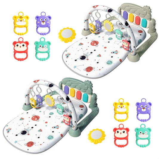 Colorful astronaut play mat with animal-themed accessories, ideal gift for young children. Interactive and safe, made from polyester. Gray/Green color scheme, perfect for nursery decor.