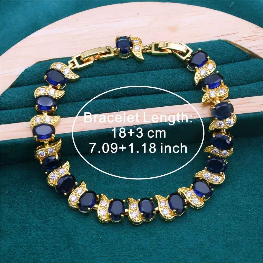 Vintage vacation style jewelry set in 18K gold plated design featuring a beautiful blue gemstone. This set includes a copper mosaic necklace, earrings, ring, and pendant, making it perfect for women to wear at parties, as gifts, or during Christmas. This