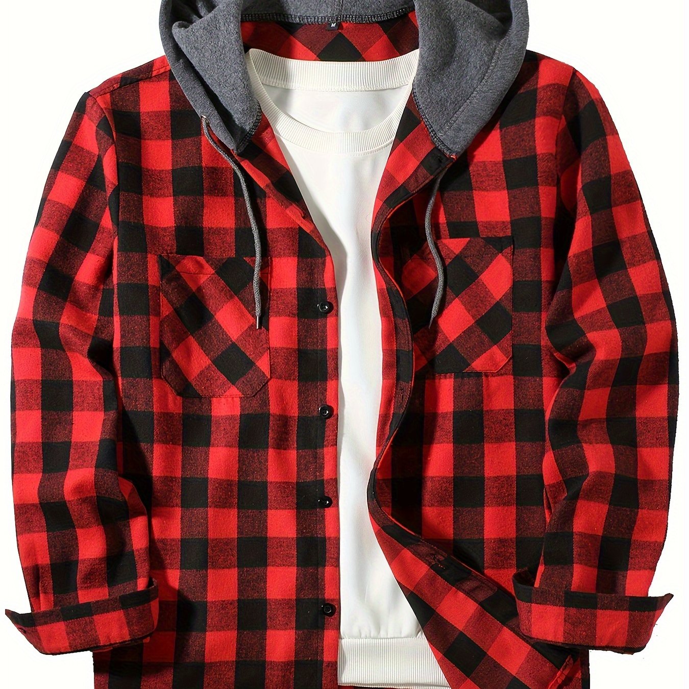 Men's plus size plaid hooded shirt with long sleeves, double pockets, and casual loose fit, made from polyester fabric. Suitable for spring or autumn, in a college-style design and