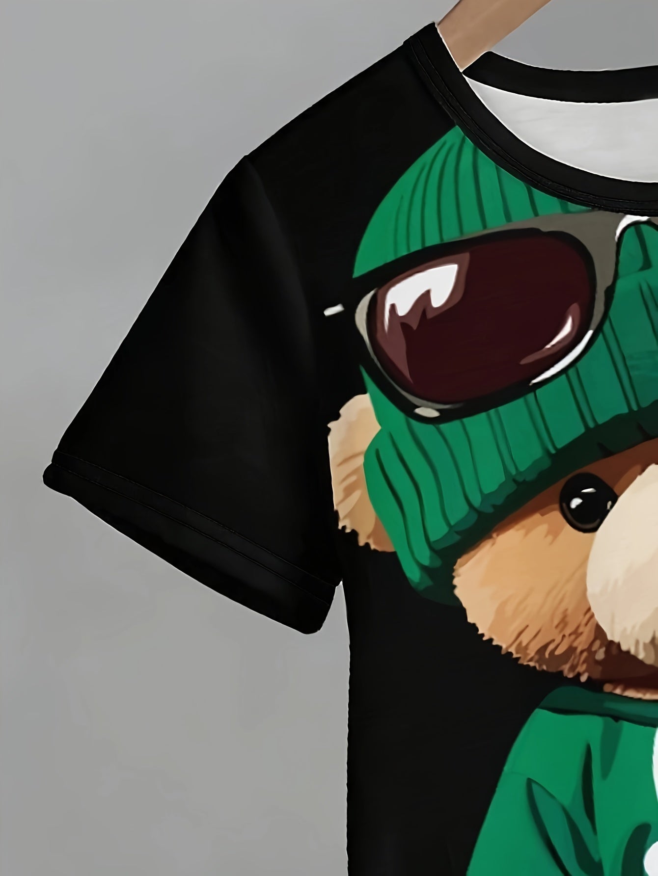 Boys' Casual Cartoon Bear Graphic Tee & Shorts Set in Black with Green Accents, made of Stretchy Polyester Blend, Machine Washable, perfect for Summer Fashion and Outdoor activities.