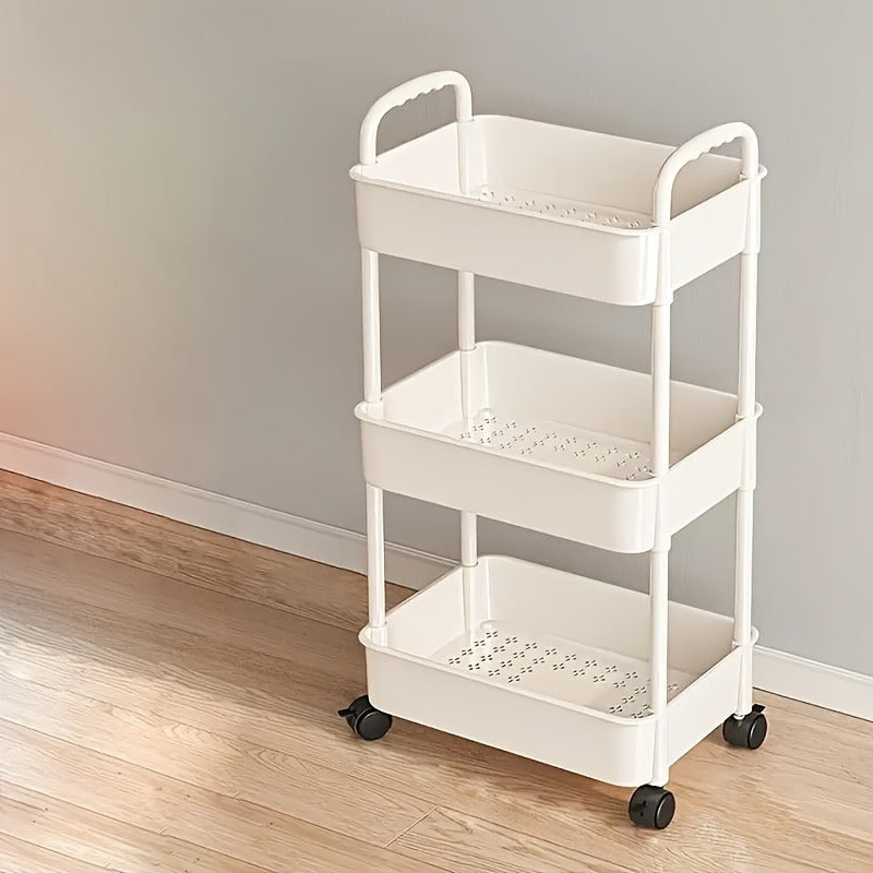 Versatile White Rolling Storage Cart with Wheels - 3-Tier Organizer for Kitchen, Bedroom, Bathroom & Beyond - Simple Assembly, Sturdy Plastic with Multi-Functional Shelves for Snacks, Books, and Supplies