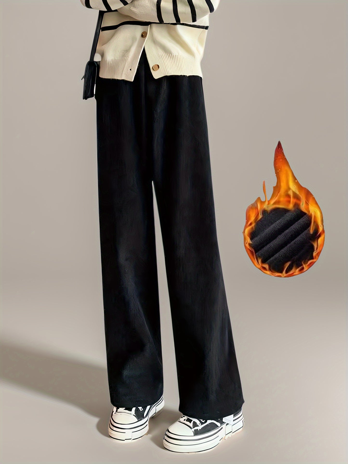 Women's high waist wide leg pants with fleece lining for winter warmth and comfort. Stylish and slimming design.