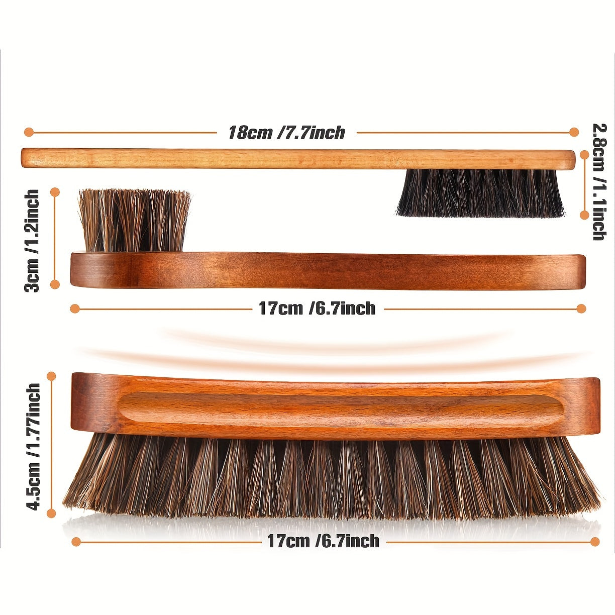 Horsehair cleaning brush set with wooden handle, soft bristles, reusable, no electricity required, multiple components for various cleaning tasks. Ideal for car interior, clothes