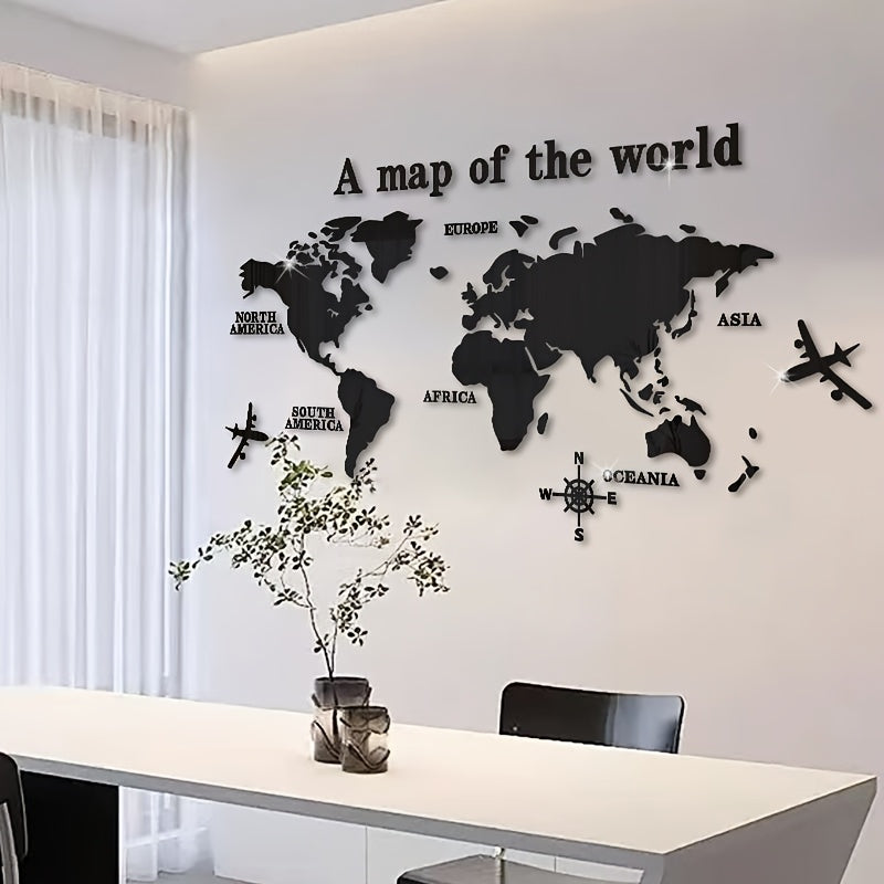 Bohemian style acrylic wall decor featuring "A Map of the World" with airplane and compass rose design. 1mm thick with adhesive backing. Ideal for classrooms, offices, bedrooms, and living