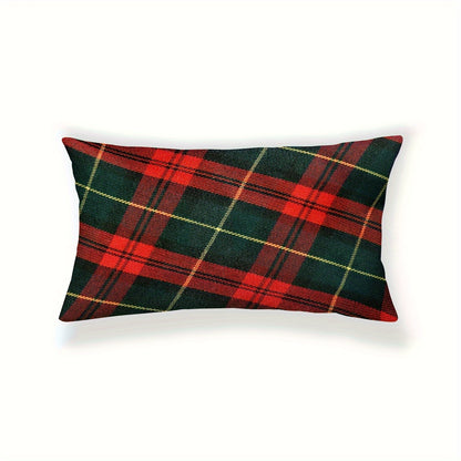 Red & green plaid pillowcase with classic Christmas design, polyester linen blend, zip closure. Ideal for home & party decor. Pillow insert not included.