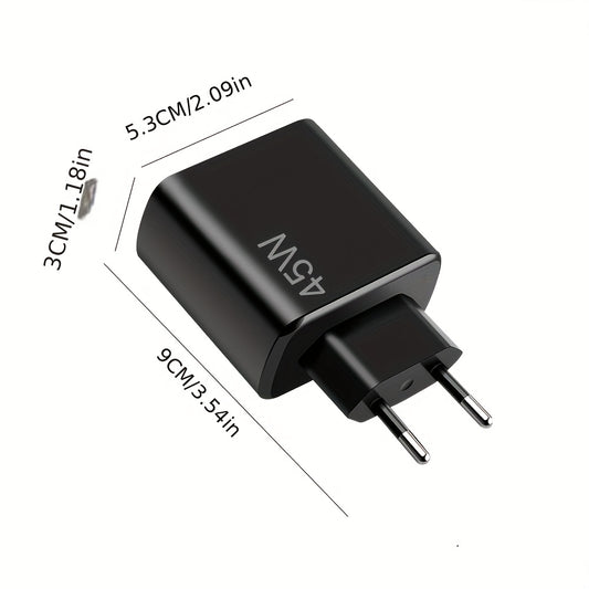 45W USB-C Fast Charger for Samsung and iPhone devices with PPS/PD charging, compact black design.