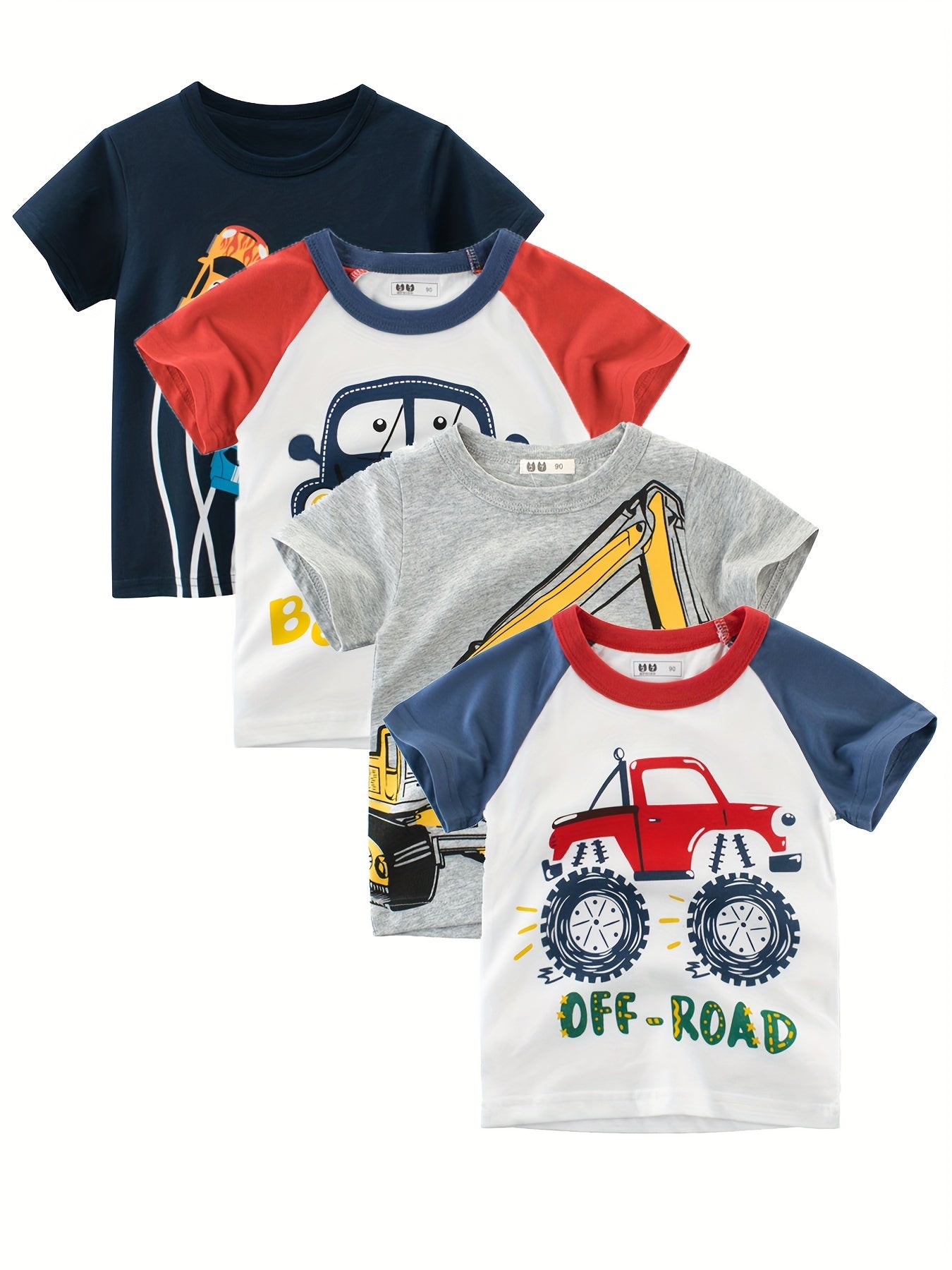 4pcs cartoon car print boys' cotton t-shirt for summer outdoor leisure