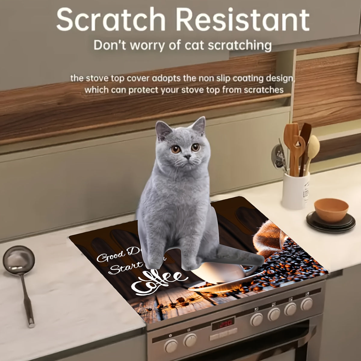 Upgrade your kitchen with this coffee-themed stove top protector! Measuring 28.5x20.5 inches (72.5x52cm), this extra large mat is made of diatom mud material that is non-skid and water-resistant. Perfect for use with electric stoves, coffee machines