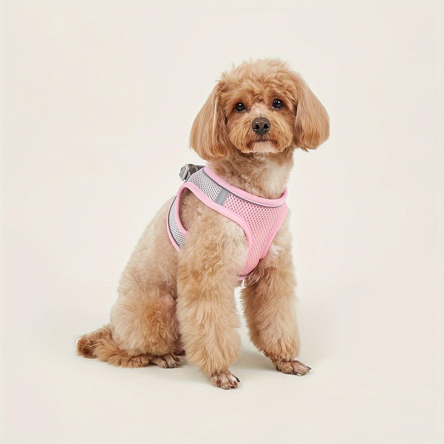 Soft mesh pet harness with reflective strip for small cats and dogs, providing comfort and safety.