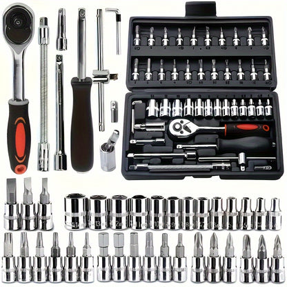 46pc Auto Repair Tool Kit made of carbon steel ratchet wrenches in a durable metal toolbox. Ideal for mechanics and DIY hobbyists.