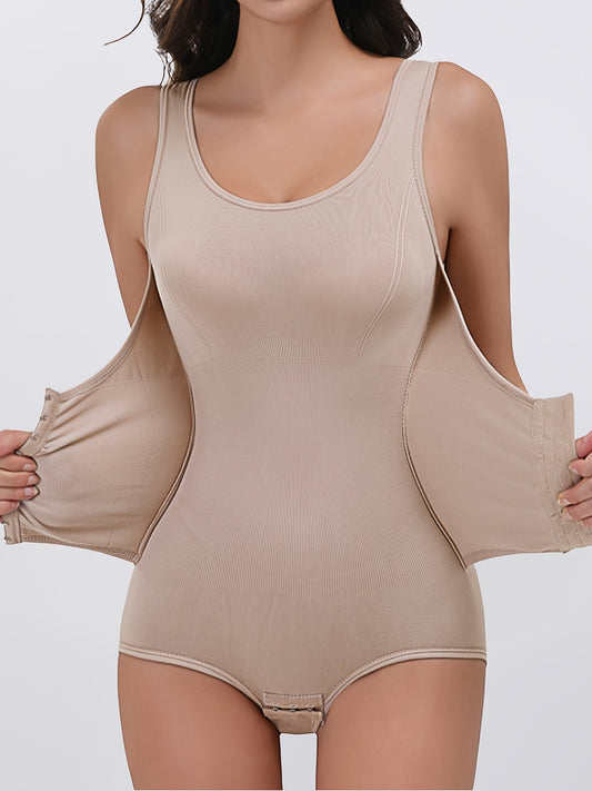 Slimming, cinching, and lifting bodysuit for women with hook closure, made from nylon-elastane blend.