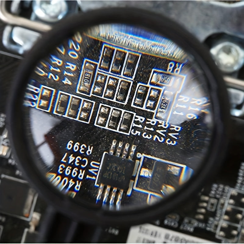 Soldering workstation with magnifying glass, PCB holder, soldering tools, and flexible arm.