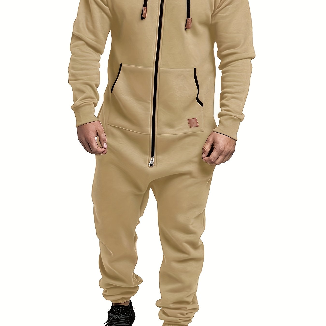 Men's Winter Pajama Jumpsuit - Solid color, long sleeved knit fabric, 100% polyester, hooded collar, with pockets and slight stretch. Comfortable lounge wear.