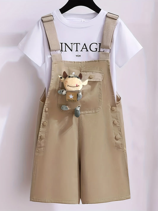 Girls' summer outfit with trendy suspenders and lightweight overalls for outdoor wear.