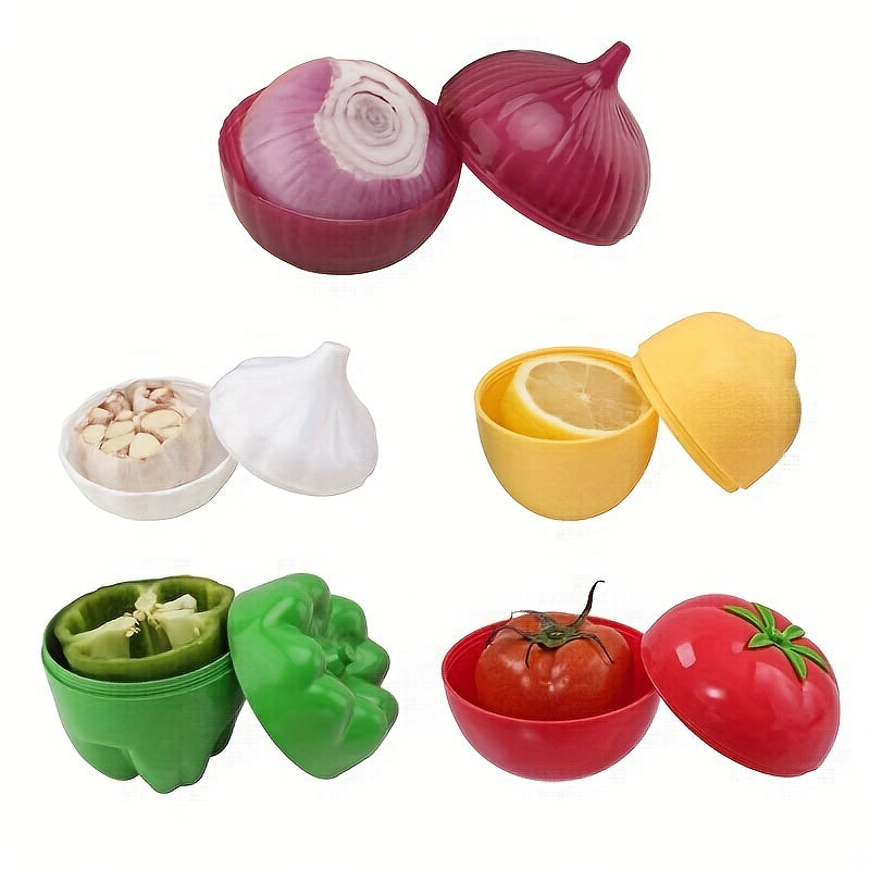 Set of 5 Storage Boxes: Transparent containers shaped like fruit and vegetables for keeping items fresh in the refrigerator or freezer. Specifically designed for storing lemon, avocado, tomato, onion, and garlic. Perfect for organizing and storing items