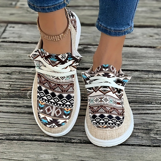 Women's Geometric Pattern Canvas Shoes, Casual Low Top Flat Shoes, Lightweight Sneakers