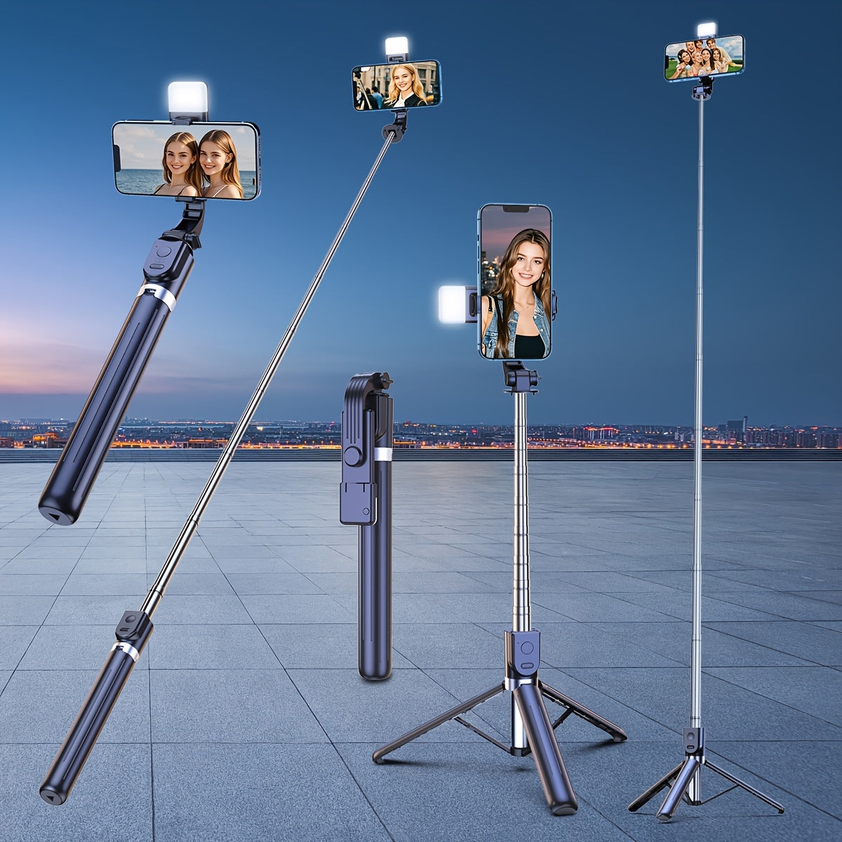 A versatile camera with selfie pole and tripod for travel, live broadcasting, and video recording.