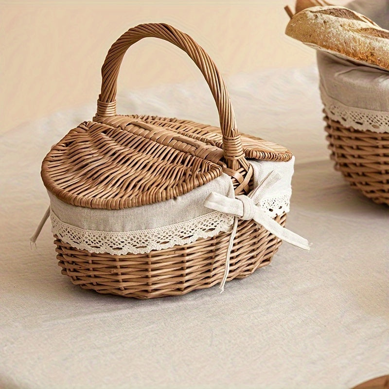 Wicker picnic basket with lid, insulated net, outdoor storage for garden & lawn, wooden frame, ideal for picnics & gardening.