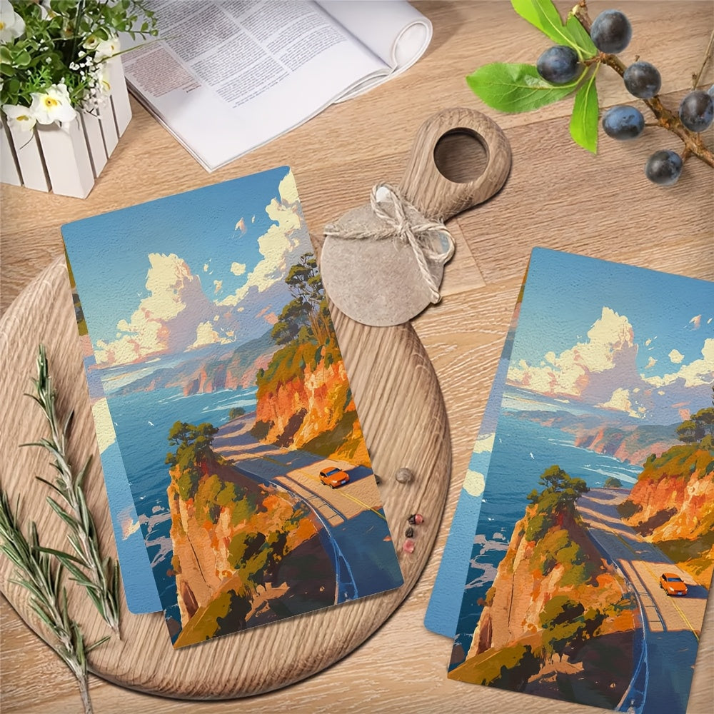 2 pieces of luxurious kitchen towels, perfect for a scenic drive along the coast. These ultra soft and highly absorbent dish hand towels are ideal for holiday decor. Easily machine washable and measuring 16x24 inches each. Item number: 2KYSMF1214220