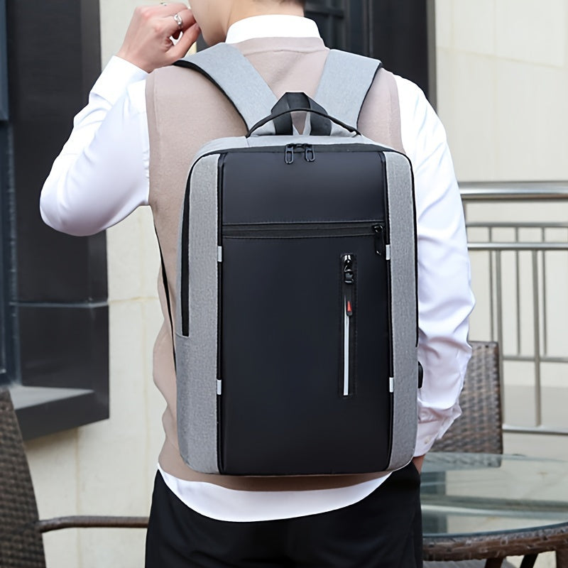 Blue nylon backpack for men with laptop compartment, USB charging port, and adjustable straps; ideal for business, travel, and daily use.