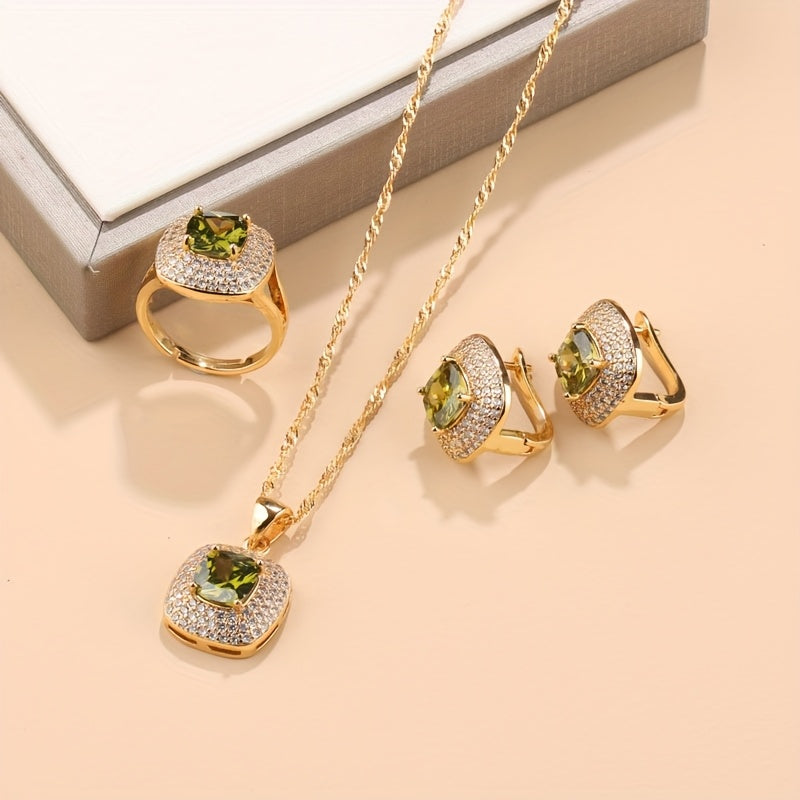 Chic Brazilian/Arabian Top-Selling 4-Piece Jewelry Set for Women - Timeless Design, Synthetic Stone, 18K Gold Plated Copper with Zirconia Detailing - Includes Square Earrings, Ring, and Pendant Necklace Perfect for Special Occasions and Celebrations