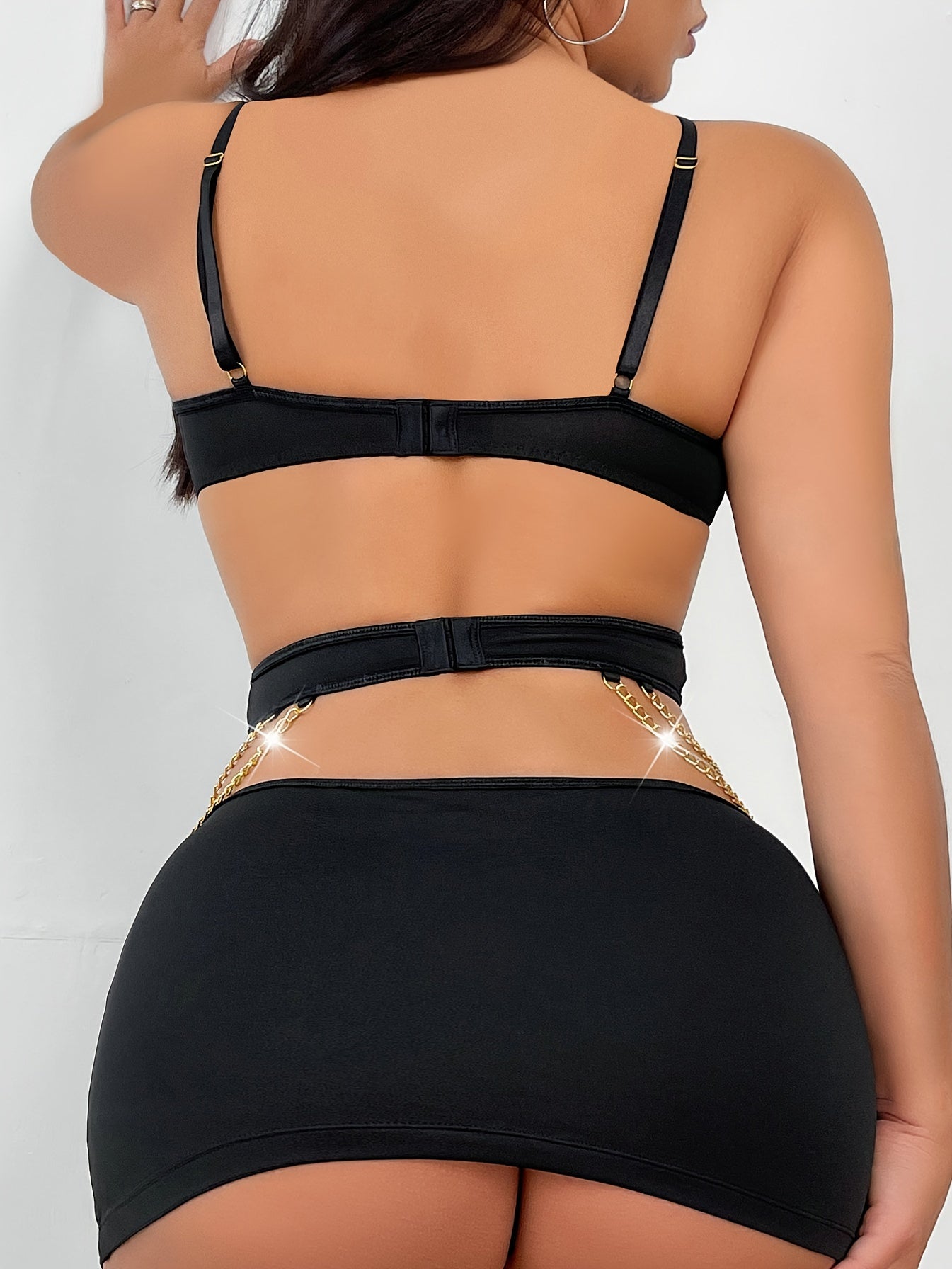 Solid chain-link lingerie set featuring a backless dress and thong, perfect for women seeking sexy lingerie and underwear.