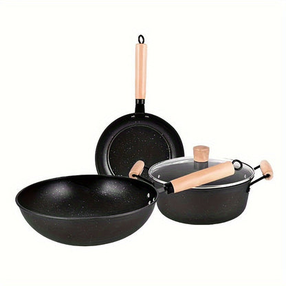 YumiPLUS Cast Iron Cookware Set - Includes 3pcs Non-Stick Skillet, Soup Pot & Frying Pan Combo with Flat Bottom, Perfect for Gifting and Promotions