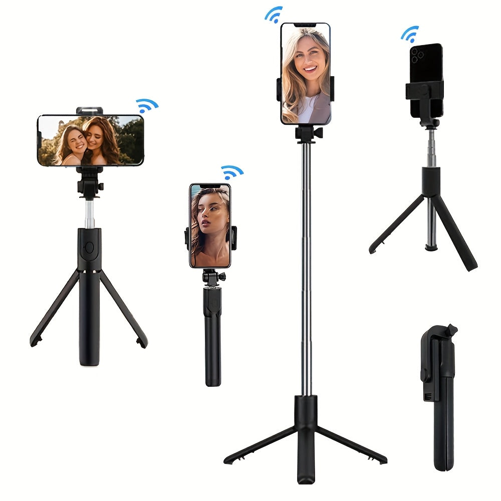 Portable selfie stick tripod with wireless remote control and 360-degree rotation, compatible with Apple iPhone, Samsung, and Android smartphones.