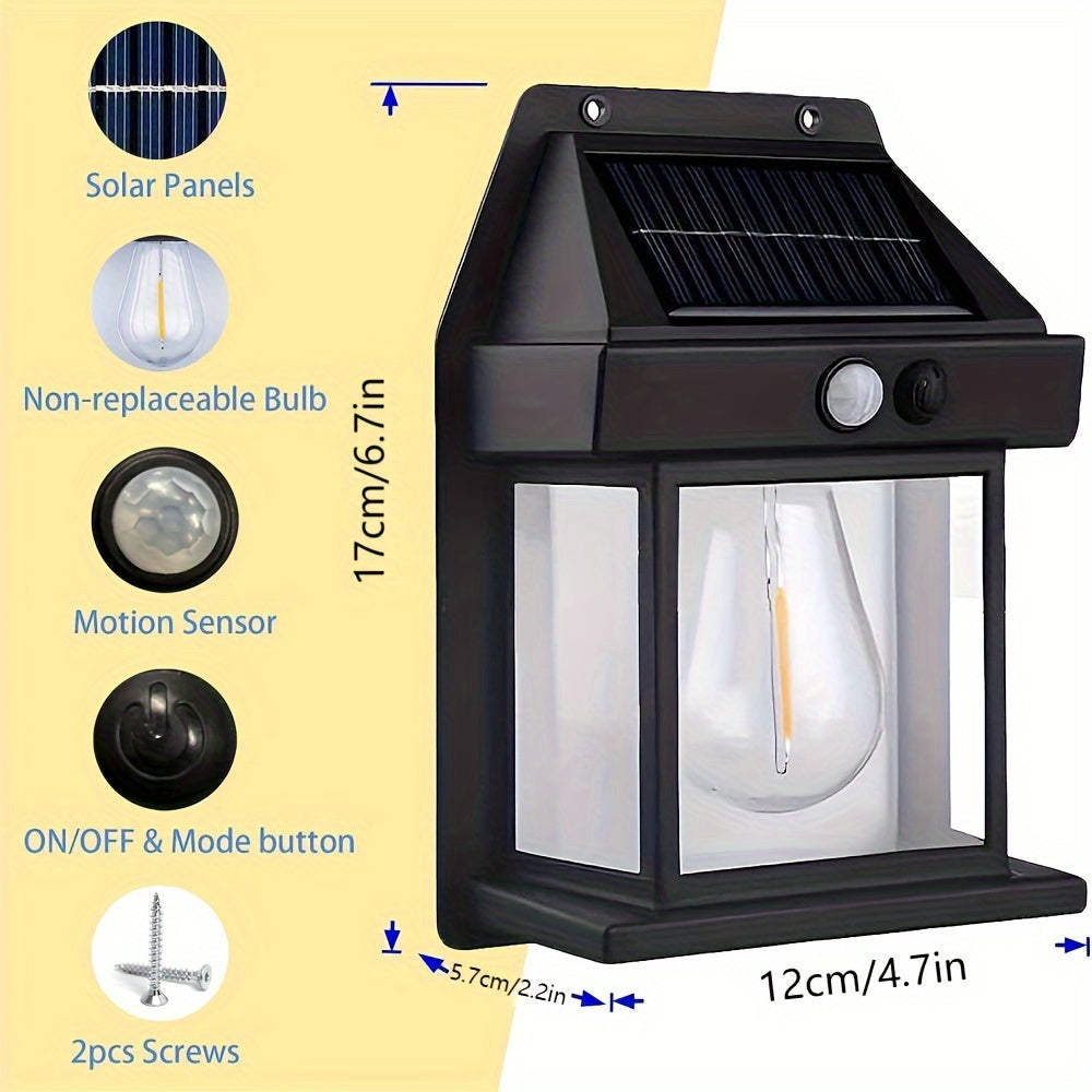 Solar-powered Staaricc tungsten wall lamp for outdoor garden lighting with motion sensor, 3 lighting modes, IPX-4 water resistance, lithium battery, and incandescent light source.