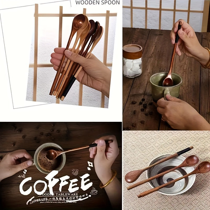 Creative long handle Japanese-style honey stirring spoon with twisted round handle, made from small wooden spoon.