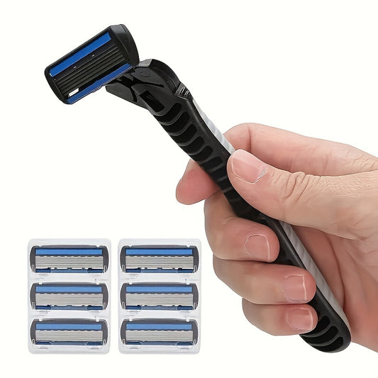 Men's manual shaver set includes 1 handle and 6 replacement blades for a 6-layer stainless steel safety razor.